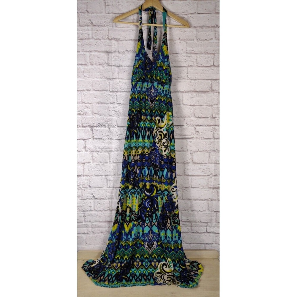 Bisou Bisou Womens Halter Maxi Dress Size 14 Peacock Print Stretch Y2K Festival